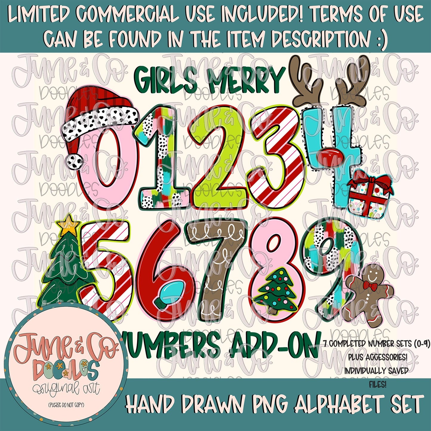 Girls Merry Number Set- PNG| Girls Christmas Alpha| Individually Saved Numbers| Girly Holiday Numbers| Doodle Letters PNG| Digital Download