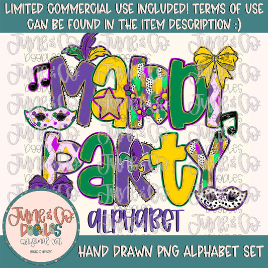 Mardi Party Alphabet Set- PNG| Mardi Gras Alpha| Individually Saved Letters| Holiday Letters| Doodle Letters PNG| Digital Download