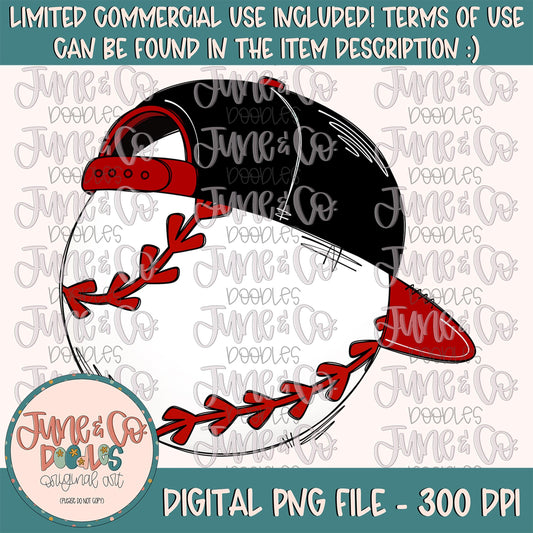 Cool Baseball Black & Red PNG| Baseball With Hat Sublimation File| Boys Baseball Shirt Design| Hand Sketched Printable Art| Instant Download