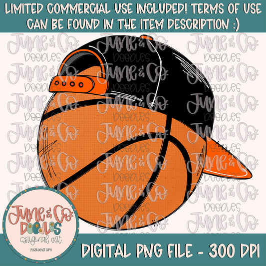 Cool Basketball Black & Orange PNG| Basketball In Hat Sublimation File| Boys Bball Shirt Design| Hand Drawn Printable Art| Instant Download