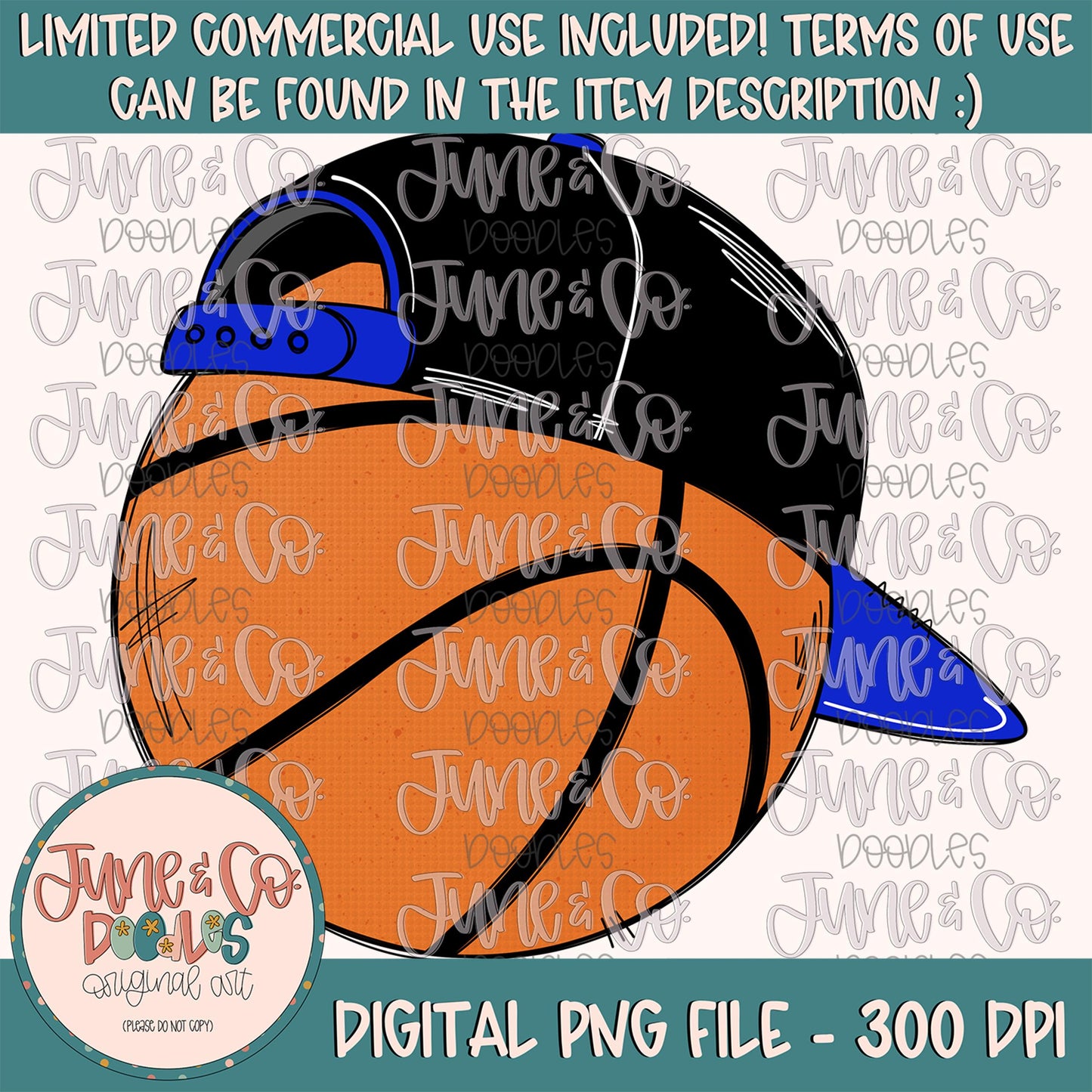 Cool Basketball Royal Blue & Black PNG| Basketball With Hat Sublimation File| Boys Game Day Shirt Design| Hand Drawn Art| Digital Download