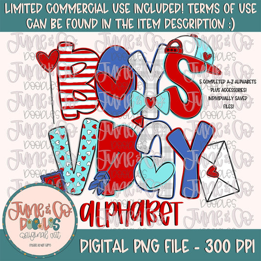 Boys VDay Alphabet Set- PNG| Valentine's Day Alpha| Individually Saved Letters| Holiday Letters| A-Z Doodle Letters PNG| Digital Download