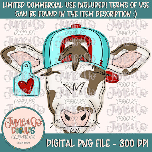 Boy Valentine's Cow PNG| Cool Cow In Hat Sublimation File| Country Valentine's Day Shirt Design| Hand Drawn Art| Digital Download