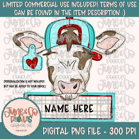 Boy Valentine's Cow With Name Plate PNG| Cow In Hat Sublimation File| Country Valentine's Day Shirt Design| Hand Drawn Art| Digital Download