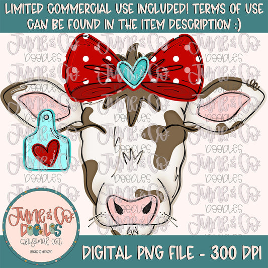 Girl Valentine's Cow PNG| Cow In Bow Sublimation File| Country Valentine's Day Shirt Design| Hand Drawn Art| Digital Download