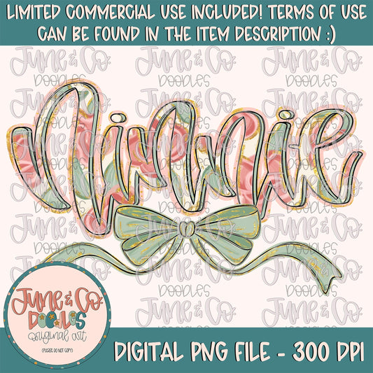 Painted Floral Ninnie PNG| Ninnie With Bow Sublimation File| Floral Mother's Day Shirt Design| Hand Lettered Printable Art| Digital Download