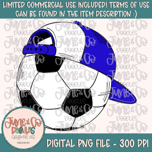 Cool Soccer Ball Royal & White PNG| Soccer Ball With Hat Sublimation File|Boys Soccer Shirt Design| Hand Drawn Art| Digital Download