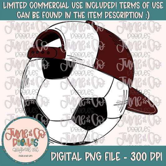 Cool Soccer Ball Maroon & White PNG| Soccer Ball With Hat Sublimation File| Boys Soccer Shirt Design| Hand Drawn  Art| Digital Download