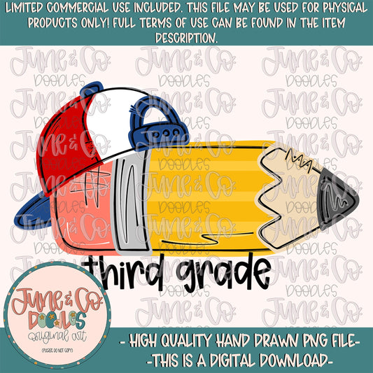 Boys Third Grade Pencil PNG| Pencil With Backwards Hat Sublimation File| Elementary Grade Level Design| Hand Drawn Art| Digital Download