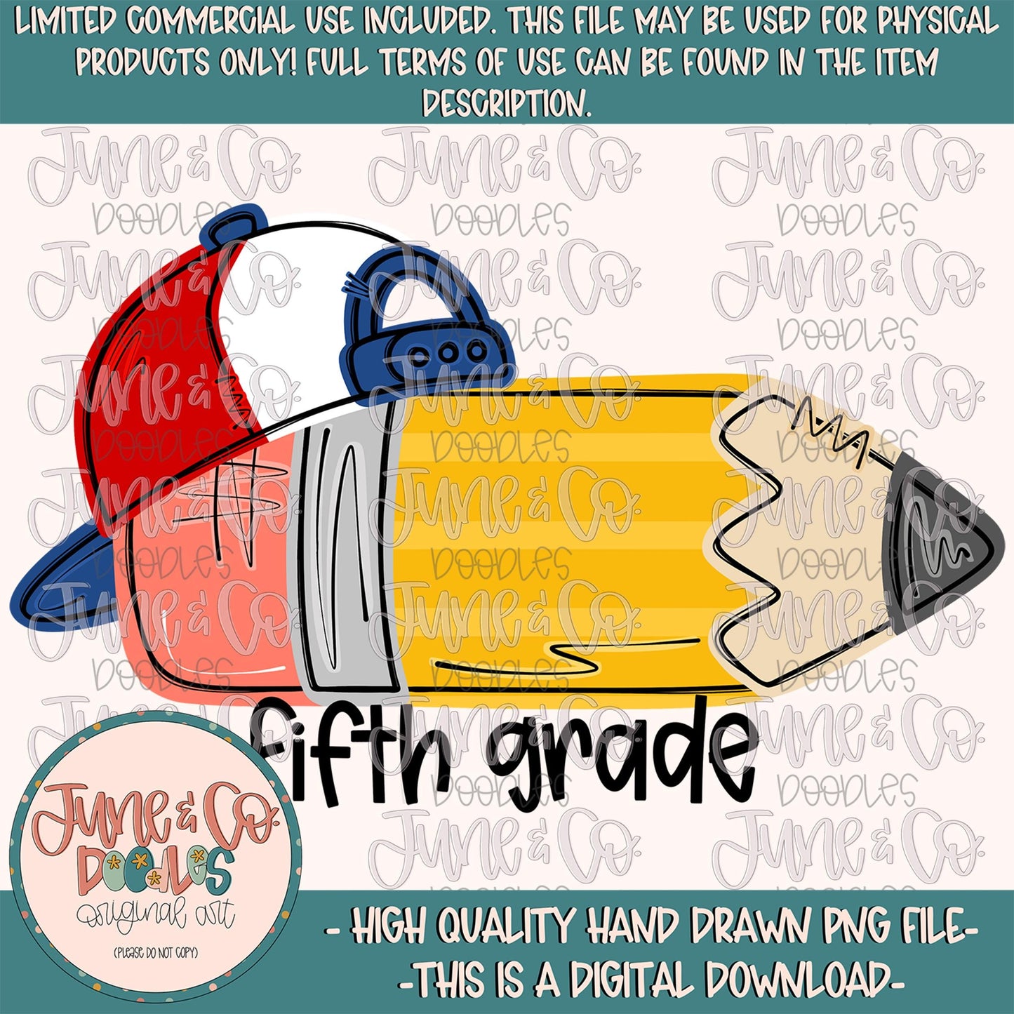 Boys Fifth Grade Pencil PNG| Pencil With Backwards Hat Sublimation File| Elementary Grade Level Design| Hand Drawn Art| Digital Download