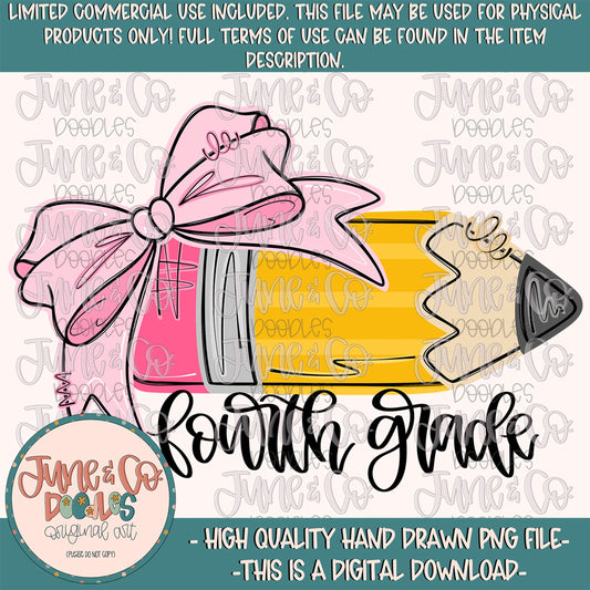 Girls Fourth Grade Pencil PNG| Coquette Back To School DTF File| Elementary Grade Level Shirt Design| Hand Drawn Art| Digital Download