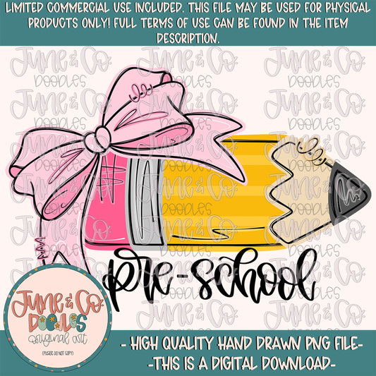 Girls Pre-School Grade Pencil PNG| Coquette Back To School DTF File| Elementary Grade Level Shirt Design| Hand Drawn Art| Digital Download