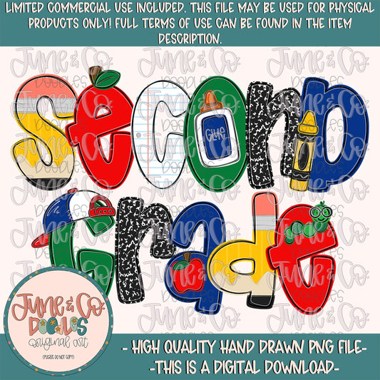 Boys Second Grade PNG| Cool Back To School Sublimation File| Little Boy Elementary Grade Level Design| Hand Drawn Art| Digital Download