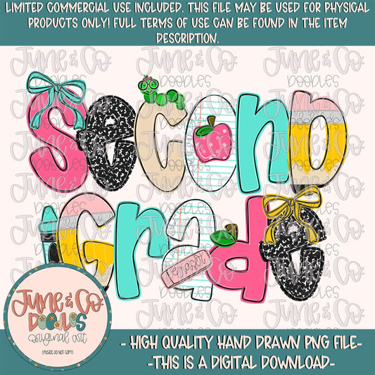 Girls Second Grade PNG| Coquette Back To School Sublimation File| Girly Elementary Grade Level Design| Hand Drawn Art| Digital Download
