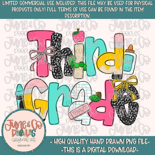 Girls Third Grade PNG| Coquette Back To School Sublimation File| Girly Elementary Grade Level Design| Hand Drawn Art| Digital Download