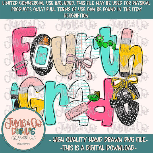 Girls Fourth Grade PNG| Coquette Back To School Sublimation File| Girly Elementary Grade Level Design| Hand Drawn Art| Digital Download