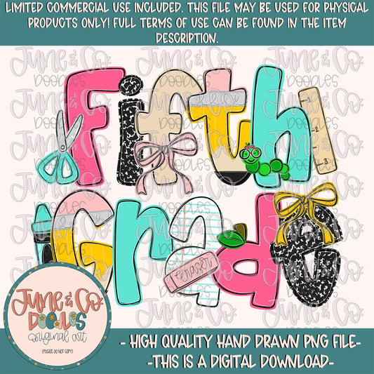 Girls Fifth Grade PNG| Coquette Back To School Sublimation File| Girly Elementary Grade Level Design| Hand Drawn Art| Digital Download