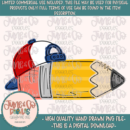 Boys Pencil With Hat PNG| Cool Pencil With Backwards Hat Sublimation File| Elementary School Shirt Design| Hand Drawn Art| Digital Download