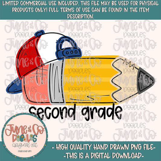 Boys Second Grade Pencil PNG| Pencil With Backwards Hat Sublimation File| Elementary Grade Level Design| Hand Drawn Art| Digital Download