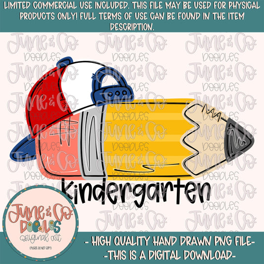 Boys Kindergarten Pencil PNG| Pencil With Backwards Hat Sublimation File| Elementary Grade Level Design| Hand Drawn Art| Digital Download