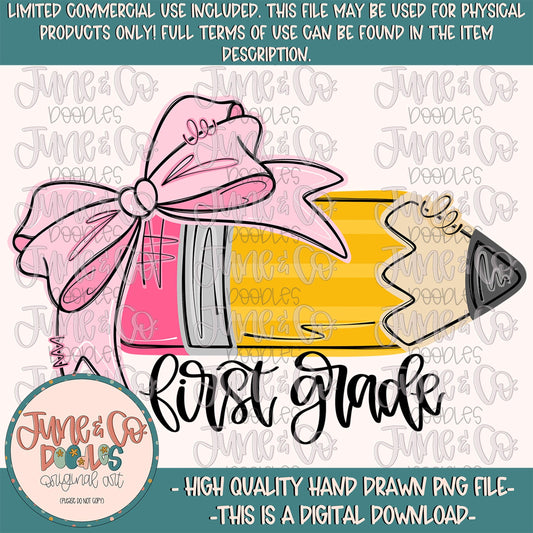 Girls First Grade Pencil PNG| Coquette Back To School DTF File| Elementary Grade Level Shirt Design| Hand Drawn Art| Digital Download