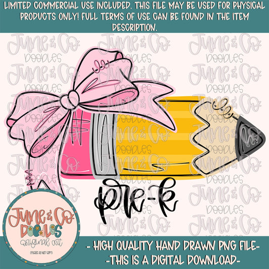 Girls Pre-K Grade Pencil PNG| Coquette Back To School DTF File| Elementary Grade Level Shirt Design| Hand Drawn Art| Digital Download