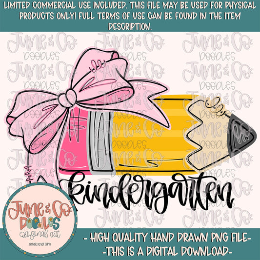 Girls Kindergarten Grade Pencil PNG| Coquette Back To School DTF File| Elementary Grade Level Shirt Design| Hand Drawn Art| Digital Download