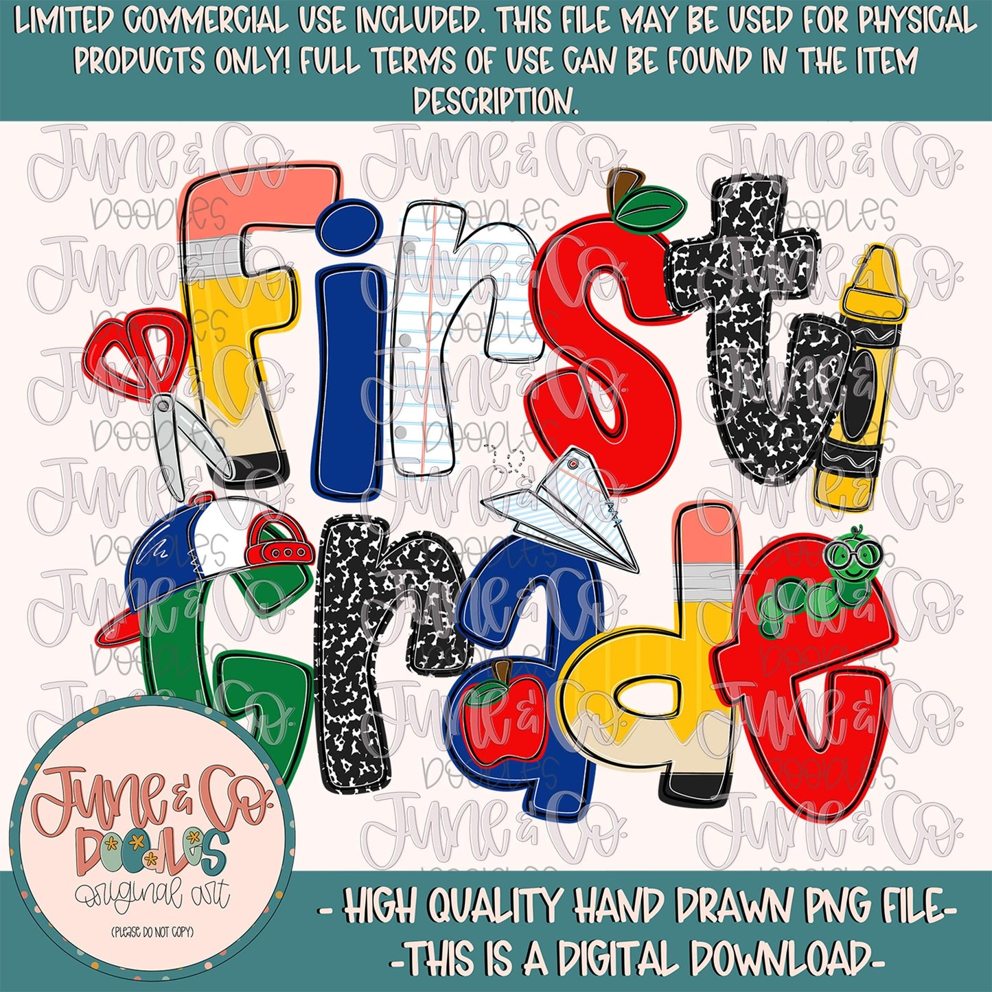 Boys First Grade PNG| Cool Back To School Sublimation File| Little Boy Elementary Grade Level Design| Hand Drawn Art| Digital Download