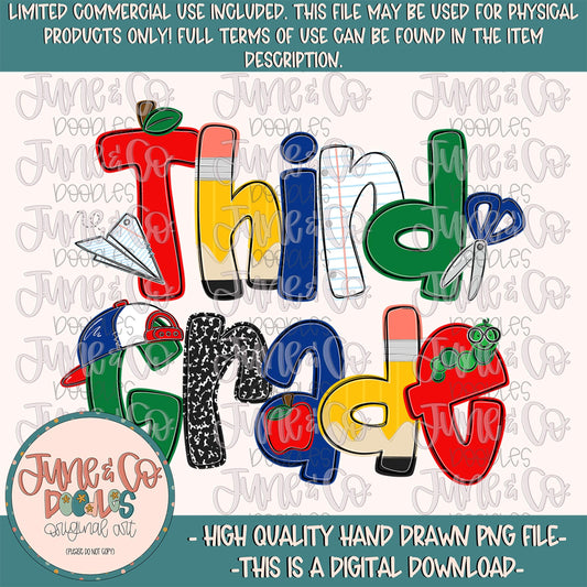 Boys Third Grade PNG| Cool Back To School Sublimation File| Little Boy Elementary Grade Level Design| Hand Drawn Art| Digital Download