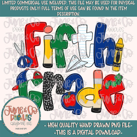Boys Fifth Grade PNG| Cool Back To School Sublimation File| Little Boy Elementary Grade Level Design| Hand Drawn Art| Digital Download