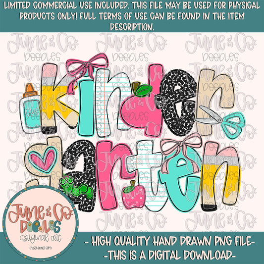 Girls Kindergarten PNG| Coquette Back To School Sublimation File| Girly Elementary Grade Level Design| Hand Drawn Art| Digital Download