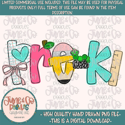 Girls Pre-K PNG| Coquette Back To School Sublimation File| Girly Elementary Grade Level Design| Hand Drawn Art| Digital Download