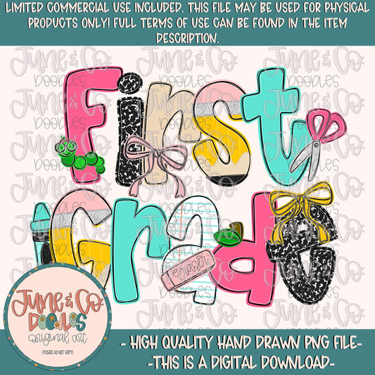 Girls First Grade PNG| Coquette Back To School Sublimation File| Girly Elementary Grade Level Design| Hand Drawn Art| Digital Download