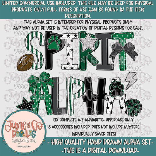 Spirit Alphabet Set- Black And Green| Team Spirit Doodle Alpha| Individually Saved PNG Letters| A-Z Doodle Letters PNG| Digital Download