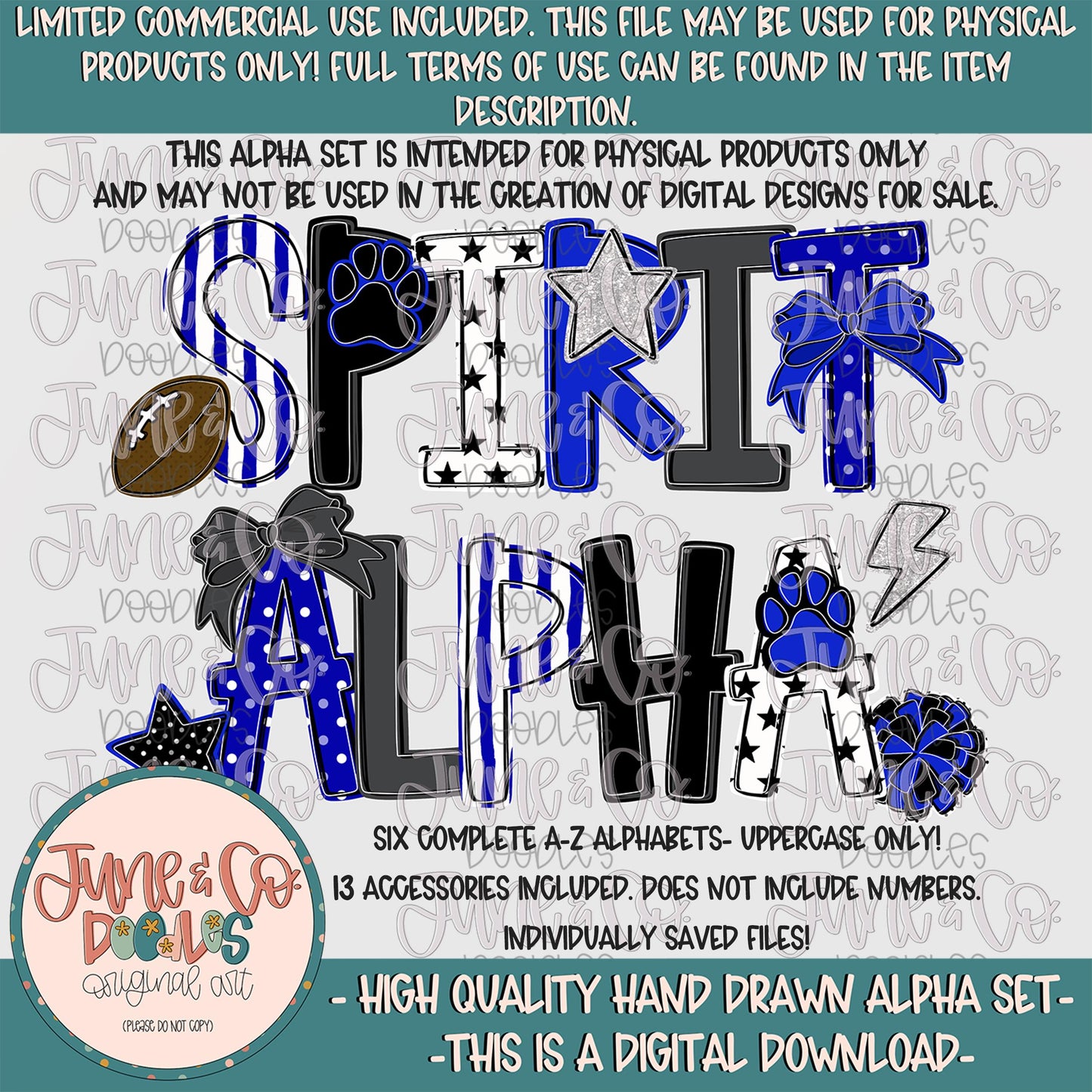 Spirit Alphabet Set- Black And Royal| Team Spirit Doodle Alpha| Individually Saved PNG Letters| A-Z Doodle Letters PNG| Digital Download