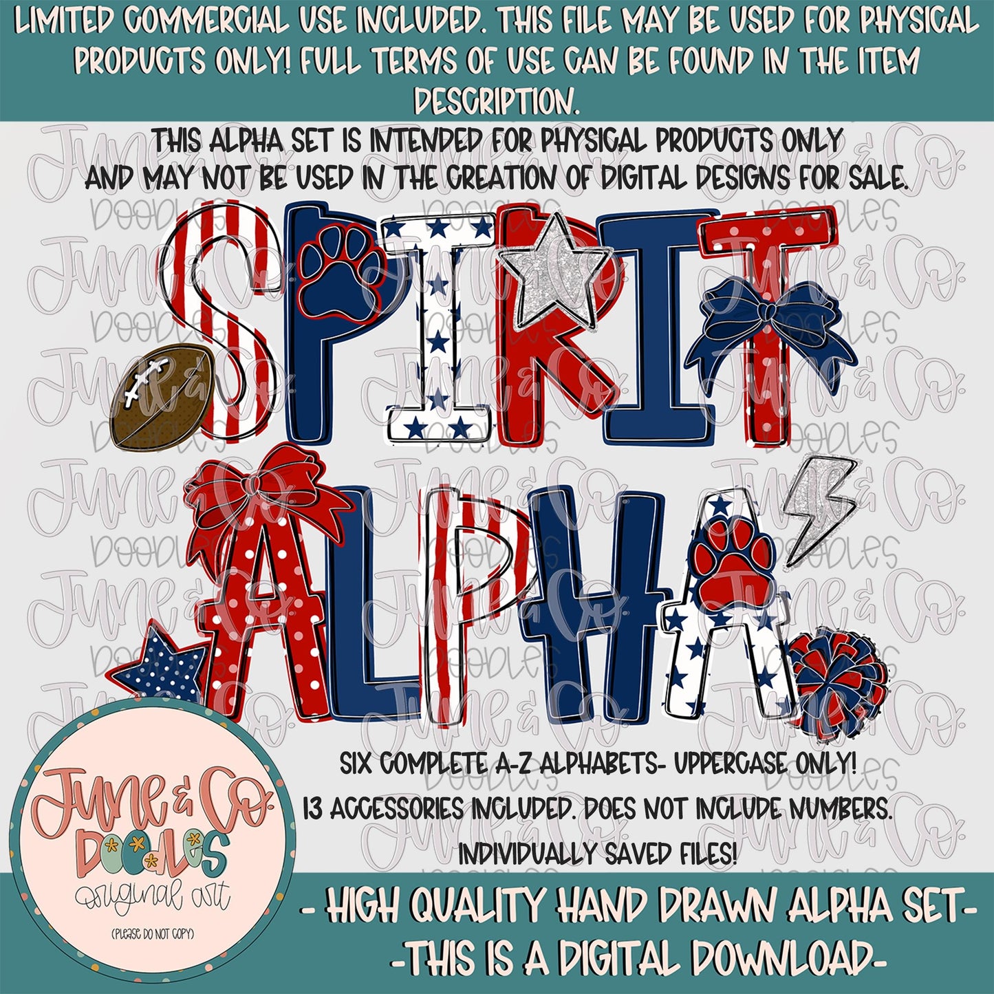 Spirit Alphabet Set- Red White Navy| Team Spirit Doodle Alpha| Individually Saved PNG Letters| A-Z Doodle Letters PNG| Digital Download