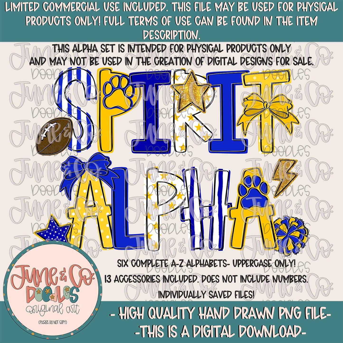 Spirit Alphabet Set- Royal And Yellow| Team Spirit Doodle Alpha| Individually Saved PNG Letters| A-Z Doodle Letters PNG| Digital Download