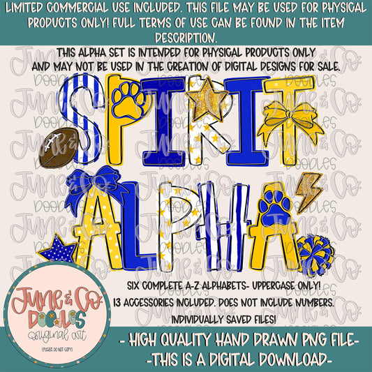 Spirit Alphabet Set- Royal And Yellow| Team Spirit Doodle Alpha| Individually Saved PNG Letters| A-Z Doodle Letters PNG| Digital Download
