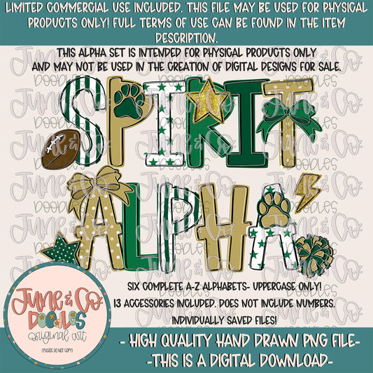 Spirit Alphabet Set- Green And Gold| Team Spirit Doodle Alpha| Individually Saved PNG Letters| A-Z Doodle Letters PNG| Digital Download