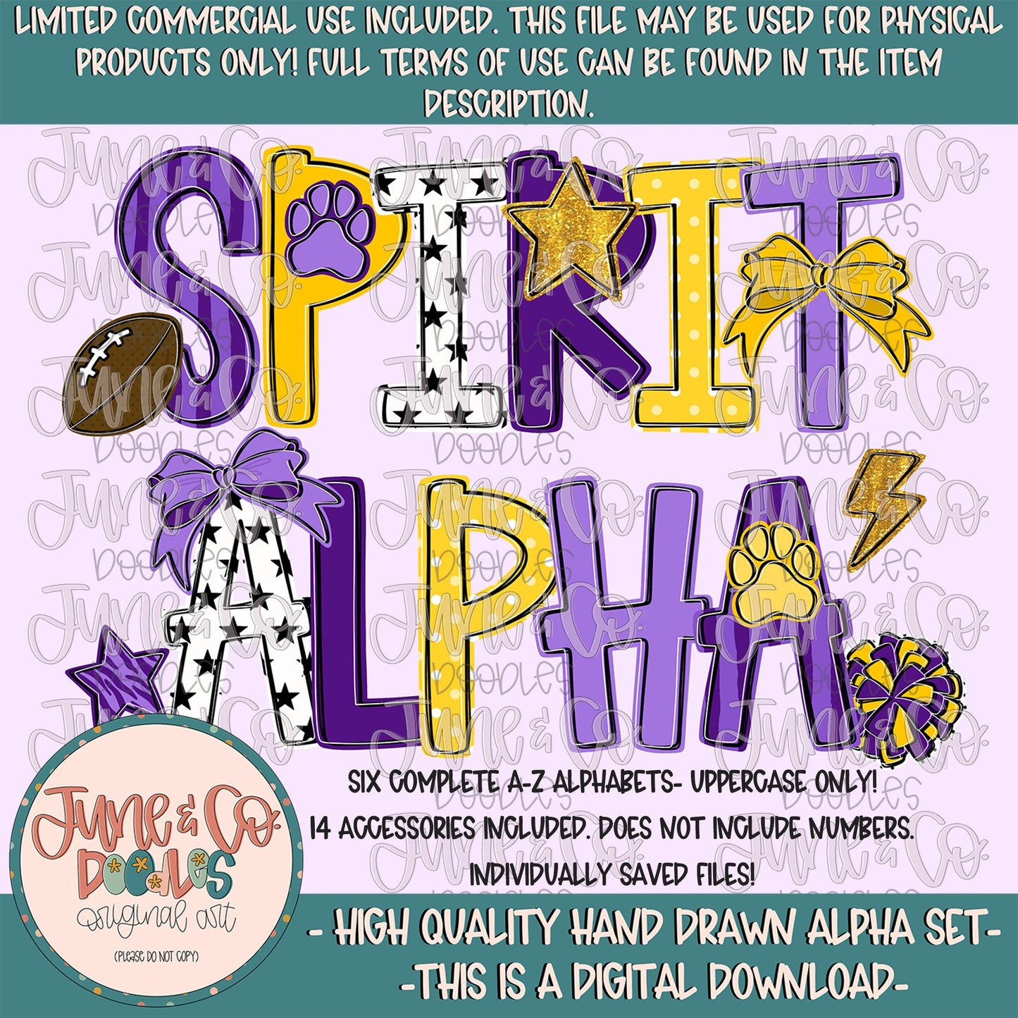 Spirit Alphabet Set- Purple And Yellow| Team Spirit Doodle Alpha| Individually Saved PNG Letters| A-Z Doodle Letters PNG| Digital Download