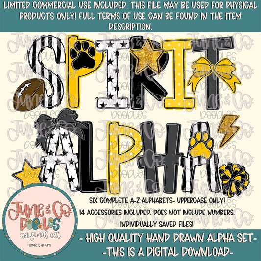 Spirit Alphabet Set- Black And Yellow| Team Spirit Doodle Alpha| Individually Saved PNG Letters| A-Z Doodle Letters PNG| Digital Download