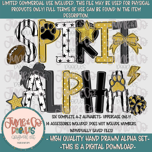 Spirit Alphabet Set- Black And Gold| Team Spirit Doodle Alpha| Individually Saved PNG Letters| A-Z Doodle Letters PNG| Digital Download