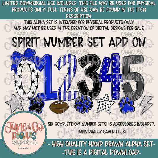 Spirit Numbers Set- Black And Royal| Team Spirit Doodle Alpha| Individually Saved PNG Numbers| 0-9 Doodle Numbers PNG| Digital Download