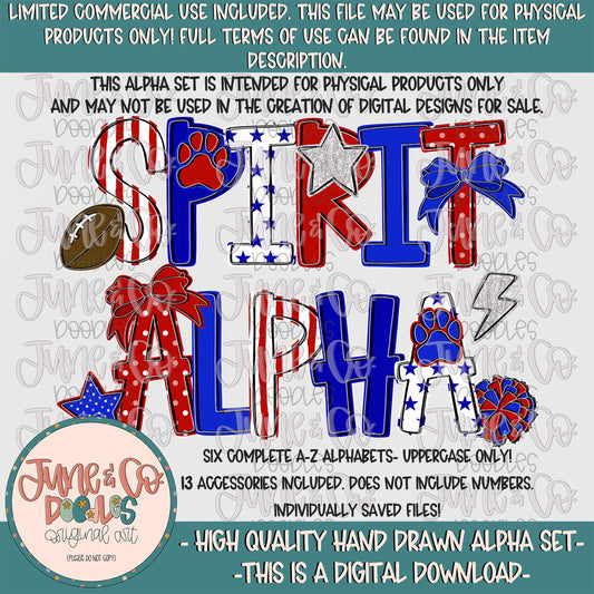 Spirit Alphabet Set- Red White Royal| Team Spirit Doodle Alpha| Individually Saved PNG Letters| A-Z Doodle Letters PNG| Digital Download
