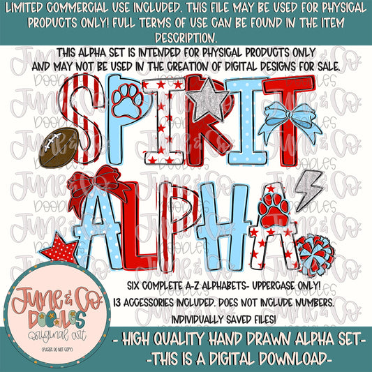 Spirit Alphabet Set- Red White Columbia| Team Spirit Doodle Alpha| Individually Saved PNG Letters| A-Z Doodle Letters PNG| Digital Download