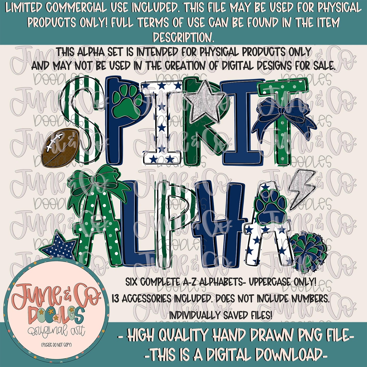Spirit Alphabet Set- Navy And Green| Team Spirit Doodle Alpha| Individually Saved PNG Letters| A-Z Doodle Letters PNG| Digital Download
