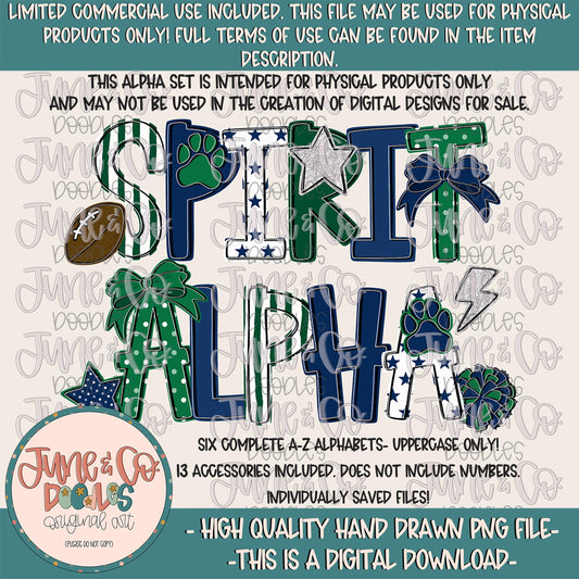 Spirit Alphabet Set- Navy And Green| Team Spirit Doodle Alpha| Individually Saved PNG Letters| A-Z Doodle Letters PNG| Digital Download