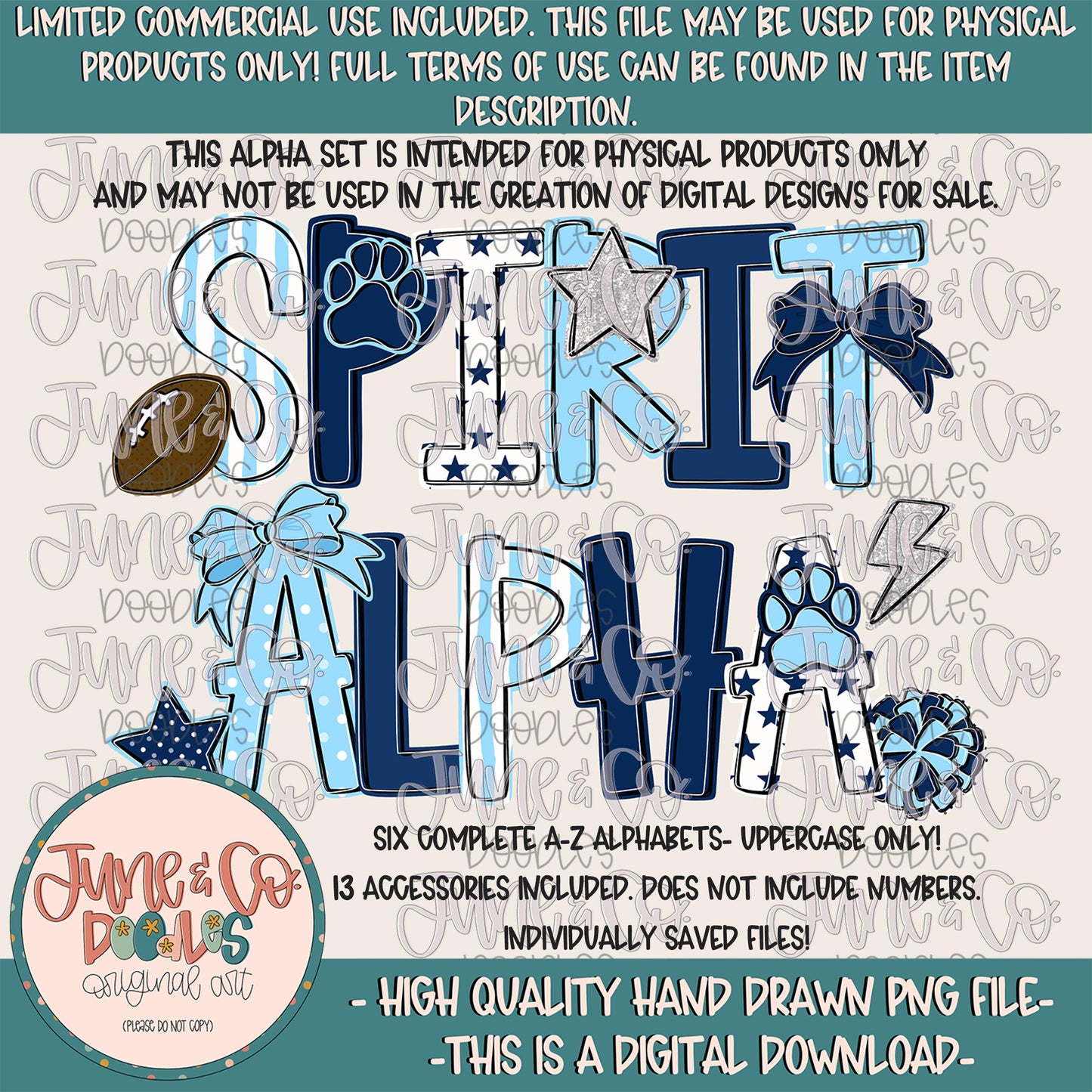 Spirit Alphabet Set- Light Blue & Navy| Team Spirit Doodle Alpha| Individually Saved PNG Letters| A-Z Doodle Letters PNG| Digital Download