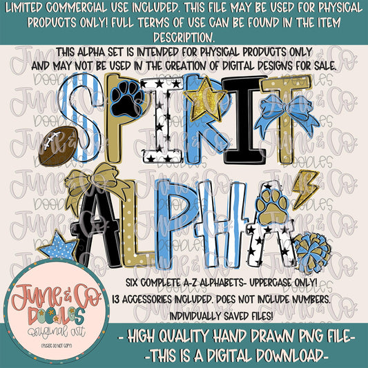 Spirit Alphabet Set- Blue, Gold, Black| Team Spirit Doodle Alpha| Individually Saved PNG Letters| A-Z Doodle Letters PNG| Digital Download