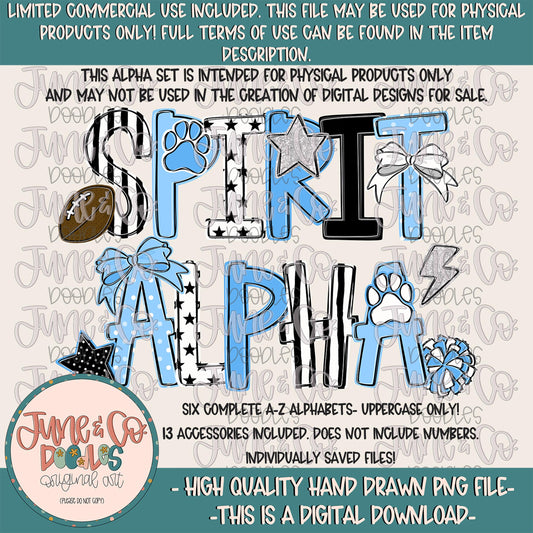 Spirit Alphabet- Baby Blue, Black, White| Team Spirit Doodle Alpha| Individually Saved PNG Letters| A-Z Doodle Letters PNG| Digital Download